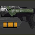 Futuristic Sci Fi Gun Design With Green Armor Orange Cylinder And Yellow Lights