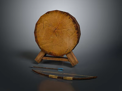 Natural Wooden Circular Slice on Stand with Traditional Bow and Arrow 3d model