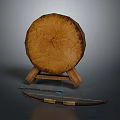 Natural Wooden Circular Slice on Stand with Traditional Bow and Arrow