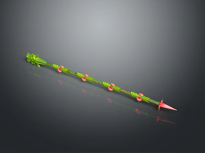 Long Shiny Green Spear Featuring Red Flower Decorations On Dark Background 3d model