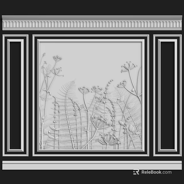 Carved Plant Motif Decorative Wall Component With Black Frame Design 3d model 