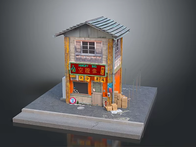 Cartoon Scenery Featuring Vintage Shop Red Sign Orange Walls Gray Tile Roof And Cardboard Boxes 3d model