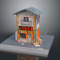 Cartoon Scenery Featuring Vintage Shop Red Sign Orange Walls Gray Tile Roof And Cardboard Boxes