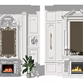 Classical White Wall Design With Fireplace Mirror Decorative Molding And Plants 3d model