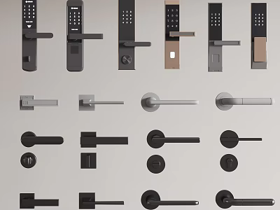 Various Modern Door Handles Including Smart Locks And Traditional Levers With Metallic Finish 3d model