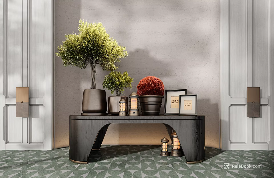 Bonsai Potted Plants on Black Table with Decorative Jars Photo Frames Grey Wall Green Floor 3d model 