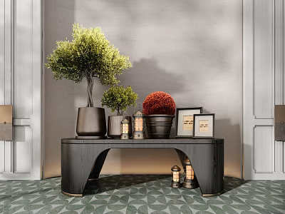 Bonsai Potted Plants on Black Table with Decorative Jars Photo Frames Grey Wall Green Floor 3d model