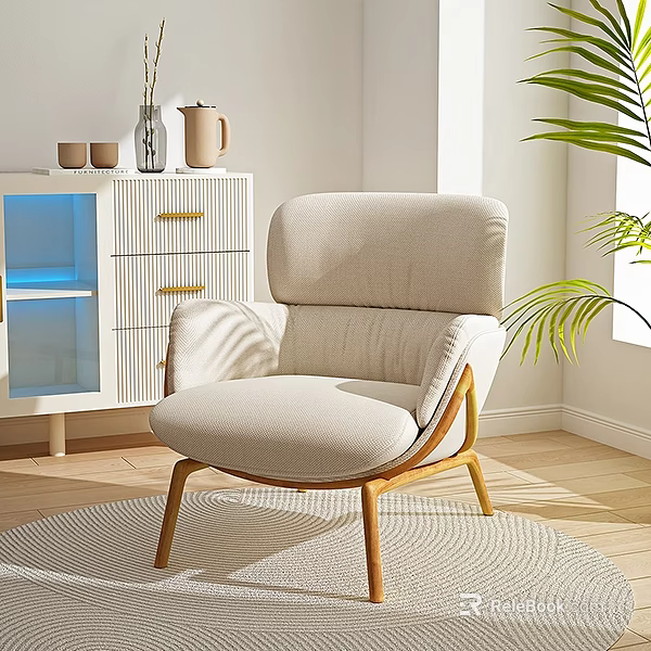 Light Beige Fabric Single Sofa With Wooden Legs In Modern Minimalist Room Natural Light And Green Plant 3d model 