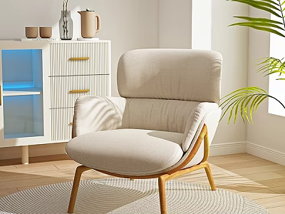 Light Beige Fabric Single Sofa With Wooden Legs In Modern Minimalist Room Natural Light And Green Plant 3d model
