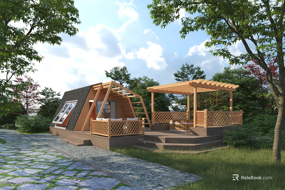 Wooden Cabin Exterior With Pergola Terrace Steps And Surrounding Greenery Trees 3d model 