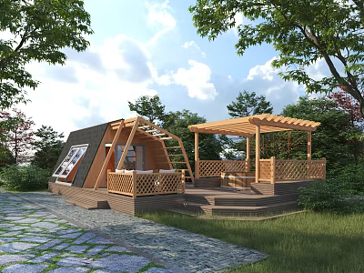 Wooden Cabin Exterior With Pergola Terrace Steps And Surrounding Greenery Trees 3d model