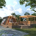 Wooden Cabin Exterior With Pergola Terrace Steps And Surrounding Greenery Trees