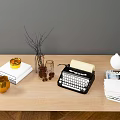 Elegant Decorative Ornament Set For Tabletop With Vintage Typewriter Stacked Books And Ceramic Vases