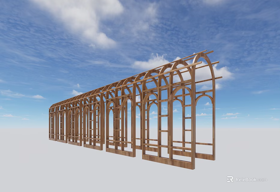 Wooden Arched Frames Architectural Structure Against Blue Sky And White Clouds 3d model