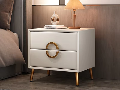 White Modern Nightstand with Gold Handles and Legs Featuring Table Lamp Books and Decorative Item 3d model