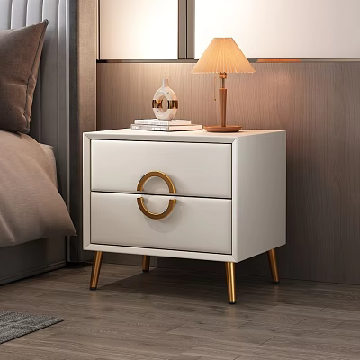 White Modern Nightstand with Gold Handles and Legs Featuring Table Lamp Books and Decorative Item 3d model