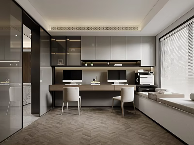 Modern Study Room Interior With Two Computer Monitors Writing Desk Chairs and Herringbone Flooring 3d model