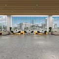 Modern Service Hall With Long Counters White Pillars Wooden Ceiling Green Plants And Gray Floor
