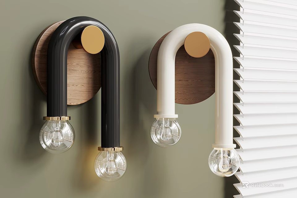Modern Black And White Wall Lamps With Wooden Base And Transparent Bulbs On Green Wall 3d model 