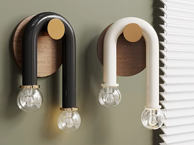 Modern Black And White Wall Lamps With Wooden Base And Transparent Bulbs On Green Wall 3d model