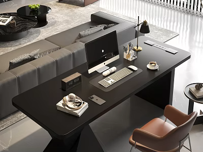 Modern Home Office Desk With iMac Lamp Stationery Coffee Cup Books And Clock 3d model