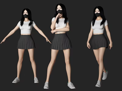 Woman in White Top and Gray Pleated Skirt Wearing Mask in Different Poses 3d model