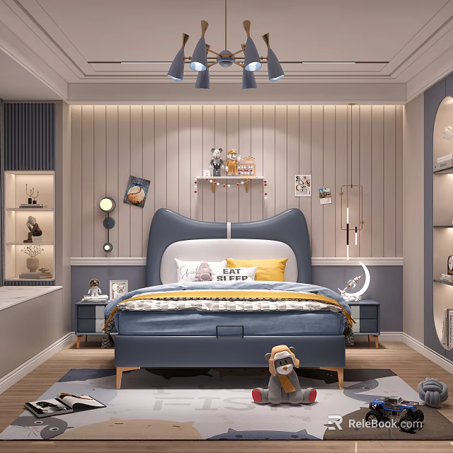Modern Kids Bedroom With Blue Bed And Playful Decor 3d model 