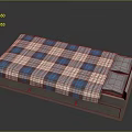 Single Bed Frame With Blue White Plaid Bedspread And Gray Drawer Storage
