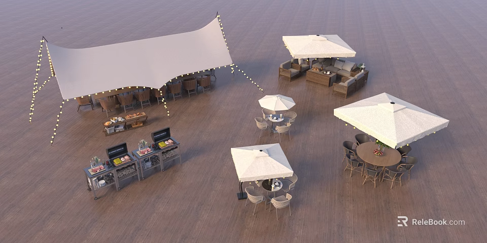 Outdoor Dining Table With Umbrellas Chairs And Canopy Setup On Patio Deck 3d model 