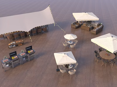 Outdoor Dining Table With Umbrellas Chairs And Canopy Setup On Patio Deck 3d model