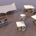 Outdoor Dining Table With Umbrellas Chairs And Canopy Setup On Patio Deck 3d model