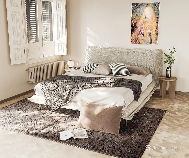 Cozy Double Bed With Gray Headboard Soft Pillows Patterned Blanket Wooden Nightstand And Green Plant 3d model 