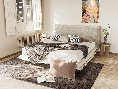 Cozy Double Bed With Gray Headboard Soft Pillows Patterned Blanket Wooden Nightstand And Green Plant 3d model