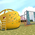 Kindergarten Outdoor Playground With Climbing Wall Net Structure Green Grass Blue Sky