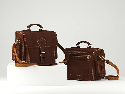 Two Brown Leather Bags Large Handbag And Small Crossbody On White Platform 3d model