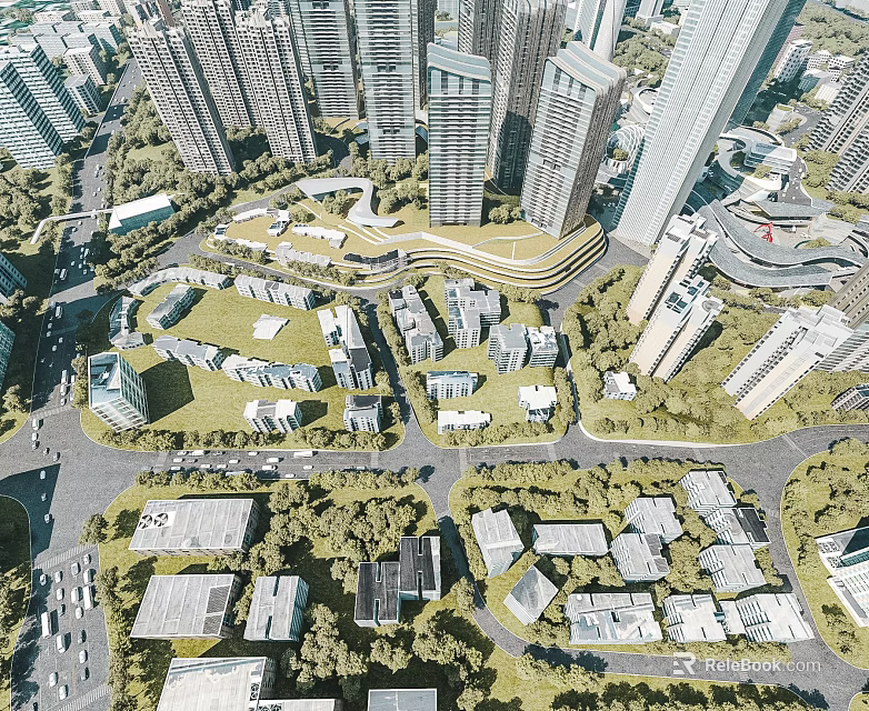 Aerial Urban Planning With High Rise Buildings Residential Areas And Green Spaces 3d model 