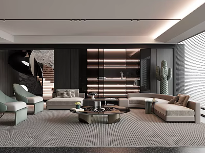 Modern Living Room Interior Design With Sofa Coffee Table Armchairs Rug And Decorative Shelves 3d model