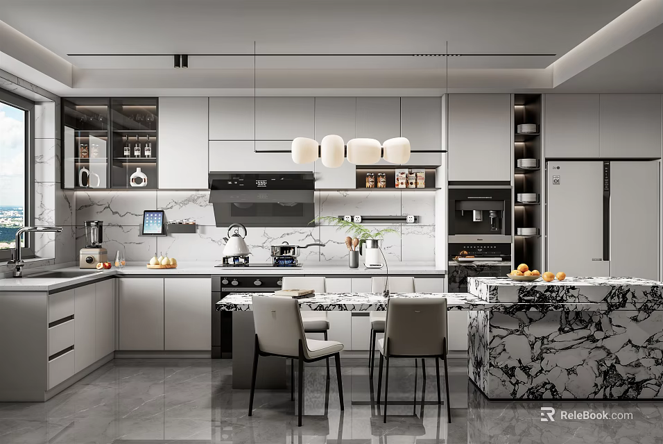 Modern Restaurant Kitchen Interior With Marble Island Cabinets Appliances And Pendant Lights 3d model 