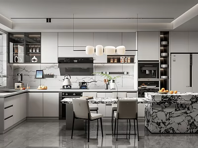 Modern Restaurant Kitchen Interior With Marble Island Cabinets Appliances And Pendant Lights 3d model