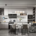 Modern Restaurant Kitchen Interior With Marble Island Cabinets Appliances And Pendant Lights