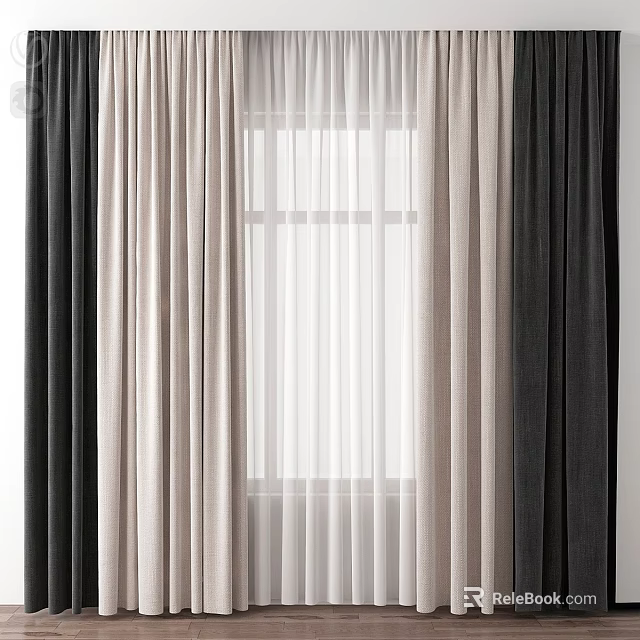 Elegant Curtains In Black Beige And Sheer White Layers For Home Windows 3d model 