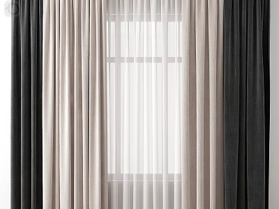Elegant Curtains In Black Beige And Sheer White Layers For Home Windows 3d model