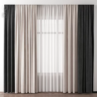 Elegant Curtains In Black Beige And Sheer White Layers For Home Windows 3d model