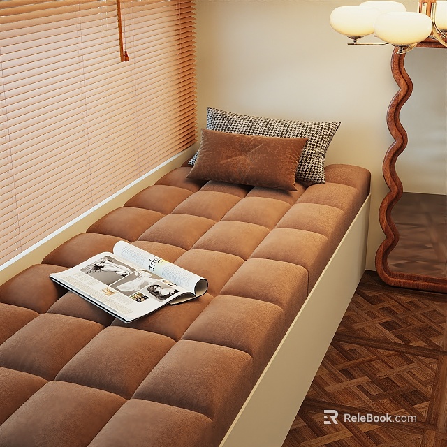 Cozy Tufted Window Seat With Brown Cushions Pillows Magazine Blinds And Wooden Floor 3d model 
