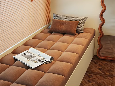 Cozy Tufted Window Seat With Brown Cushions Pillows Magazine Blinds And Wooden Floor 3d model