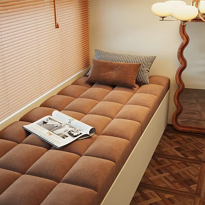 Cozy Tufted Window Seat With Brown Cushions Pillows Magazine Blinds And Wooden Floor 3d model