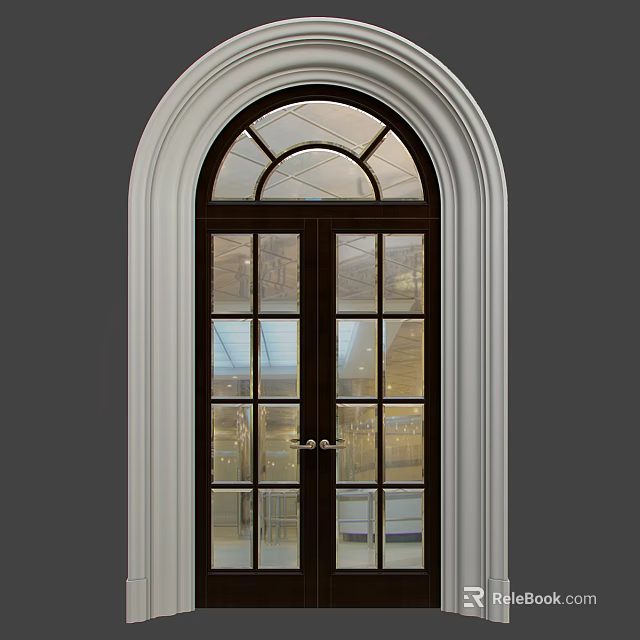Elegant Arched Top Double Entrance Door With Wooden Frame And Glass Panes 3d model 
