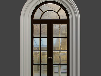 Elegant Arched Top Double Entrance Door With Wooden Frame And Glass Panes 3d model