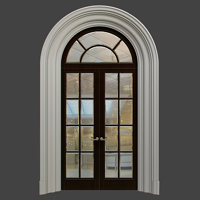 Elegant Arched Top Double Entrance Door With Wooden Frame And Glass Panes 3d model