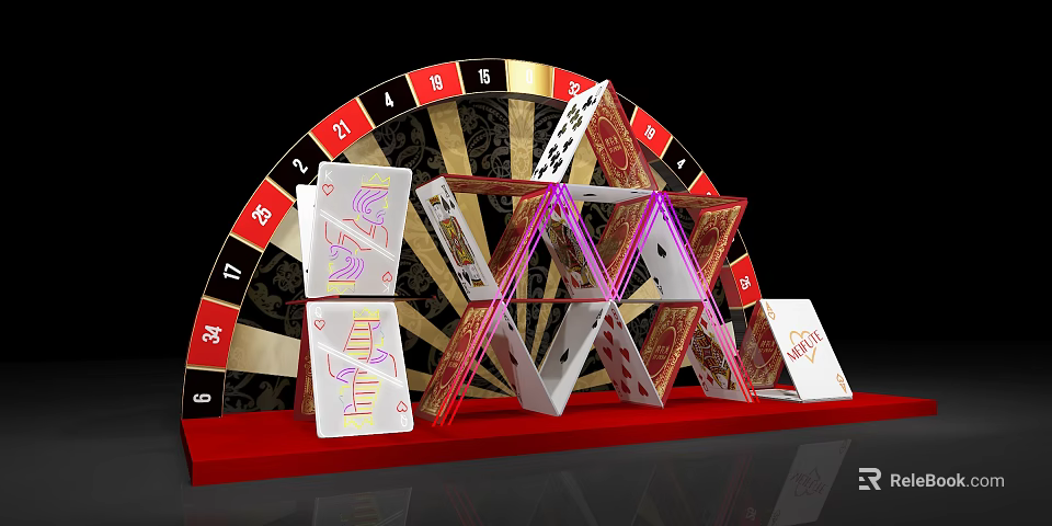 Vibrant Casino Theme Photo Spot With Red Gold Roulette Wheel And Playing Card Structure Setup 3d model 